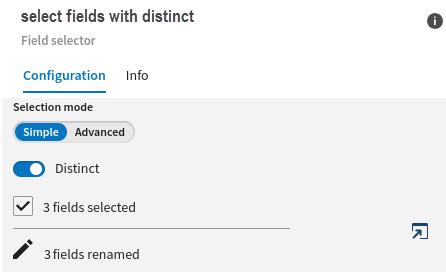 Der Konfigurationsfensterbereich für die Feldauswahl zeigt 3 ausgewählte Felder mit aktivierter Option „Distinct (Unterschiedlich)“.