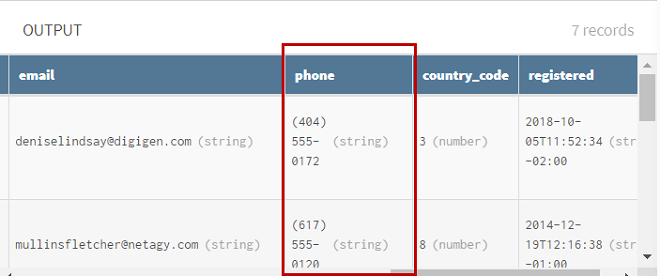 Vorschau des Prozessors vom Typ „Phone (Telefon)“ nach dem Formatieren der Telefonnummerdatensätze.