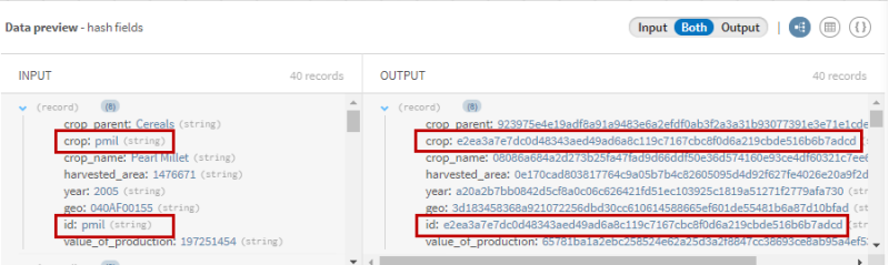 Vorschau des Prozessors vom Typ „Data hashing (Datenhashing)“ nach dem Hashen der Datensätze für Getreide und ID.