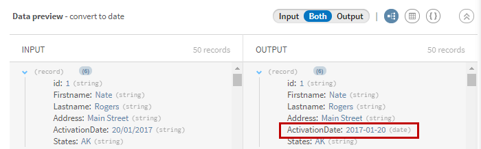 Vorschau des Prozessors vom Typ „Type converter (Typ Konverter)“ nach dem Konvertieren von String-Datensätzen in Date-Datensätze.