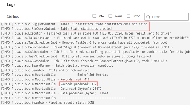 Logs-Fenster mit der Angabe, dass 312 Dateneinträge erzeugt wurden und die zum Abrufen der US-Bundesstaat-Daten und zur Erstellung der „State“-Tabelle in BigQuery verwendeten Kontextvariablen zur Laufzeit angewendet wurden.