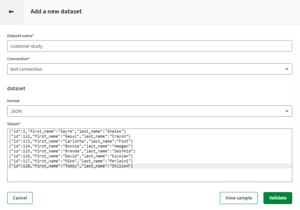 Konfigurationsseite für neuen Datensatz mit manuell eingegebenen JSON-Werten