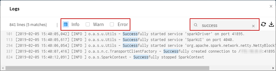 Logs-Fenster mit ausgewählter Informationsebene und eingegebenem Suchbegriff „success“ (erfolgreich) zur Ausfilterung der Informationsmeldungen, die diesen Begriff enthalten.