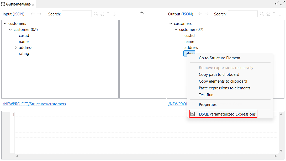 Hervorgehobene Option DSQL Parameterized Expressions (Parametrisierte DSQL-Ausdrücke) bei Rechtsklick auf ein Element in der Ausgabestruktur.