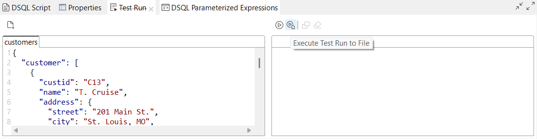 Option Execute Test Run to File (Testausführung in Datei ausführen) in der Ansicht Test Run (Testausführung).