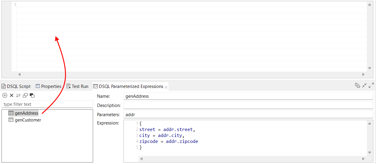 Parametrisierter Ausdruck genAddress, der im Fragmenteditor agbelegt wird.