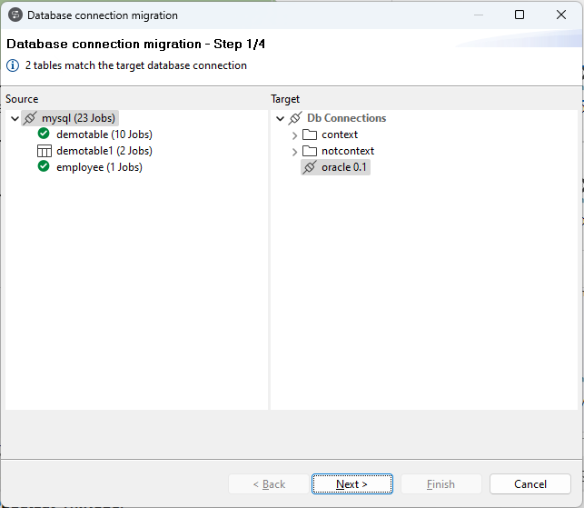 Dialogfeld „Database connection migration (Datenbankverbindungsmigration)“.