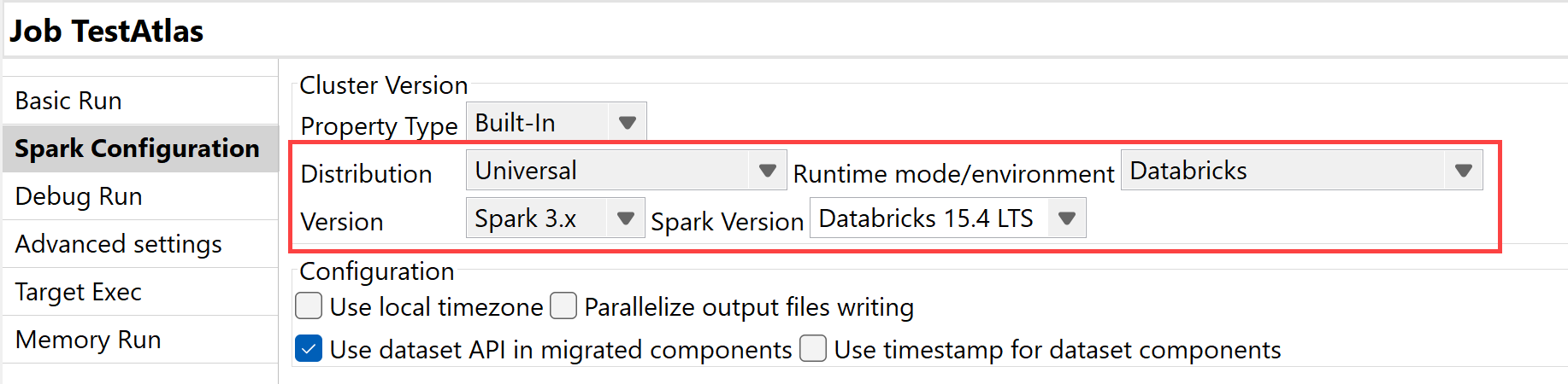 Databricks 15.4 LTS mit Spark Universal 3.5.x in einer Spark-Konfiguration.