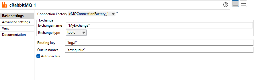 Ansicht Basic settings (Basiseinstellungen) von cRabbitMQ.