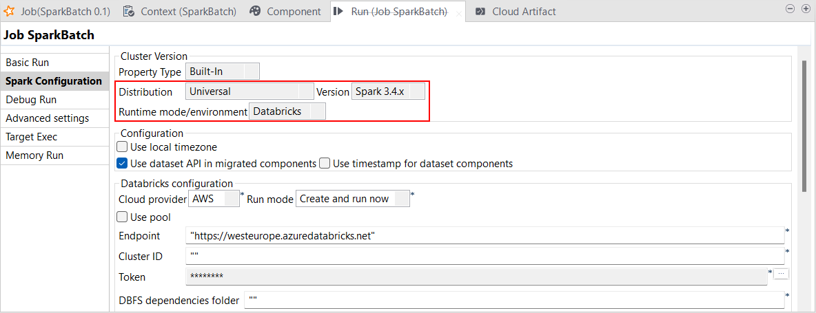 Spark-Konfigurationsansicht eines im Databricks-Modus in Spark 3.4.x geöffneten Spark Batch-Jobs (optisch hervorgehoben)