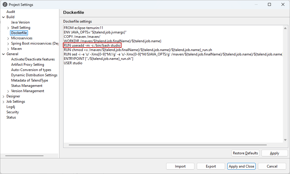 Dialogfeld Project Settings (Projekteinstellungen).