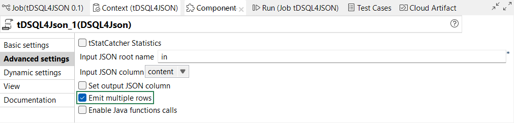 Neue Eigenschaft Emit multiple rows (Mehrere Zeilen ausgeben), in tDSQL4JSON hervorgehoben.