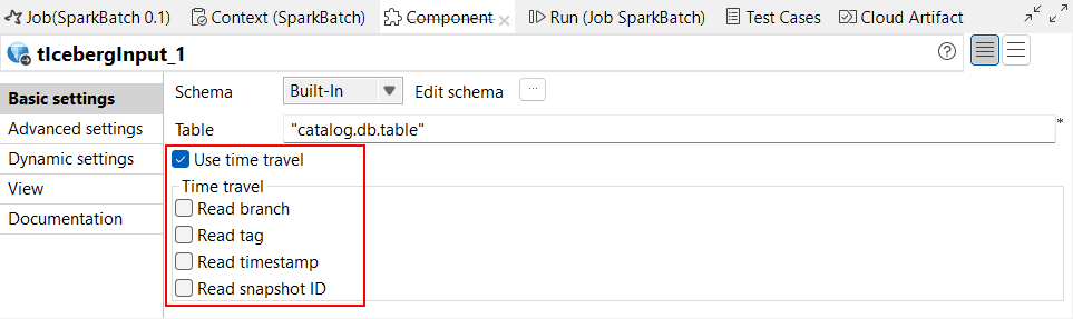 Ansicht Basic settings (Basiseinstellungen) von tIcebergInput. Der neue Parameter für Zeitreise in Spark-Batch-Aufträgen ist hervorgehoben.