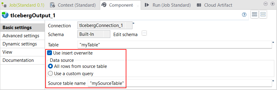 Ansicht Basic settings (Grundlegende Einstellungen) von tIcebergOutput mit aktiviertem Kontrollkästchen Use insert overwrite (Einfügen und überschreiben verwenden).