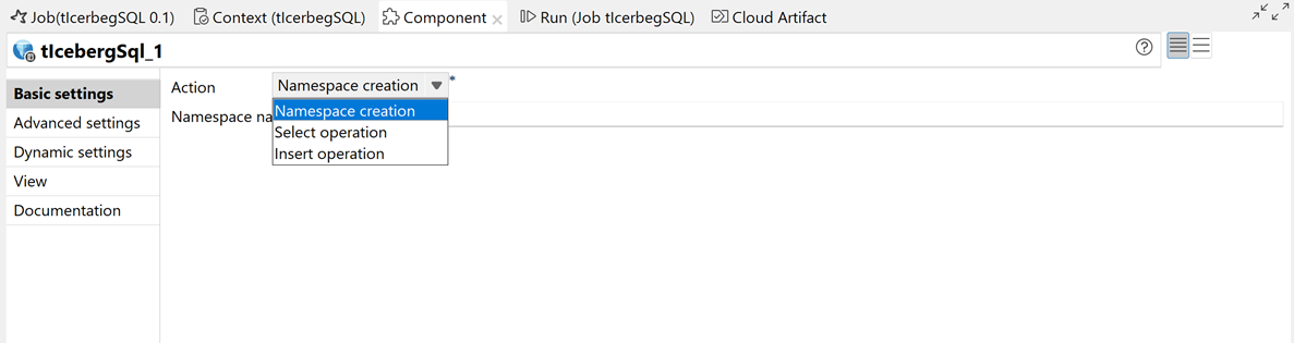 Ansicht Basics settings (Basiseinstellungen) für tIcebergSQL in einem Spark-Batch-Auftrag.