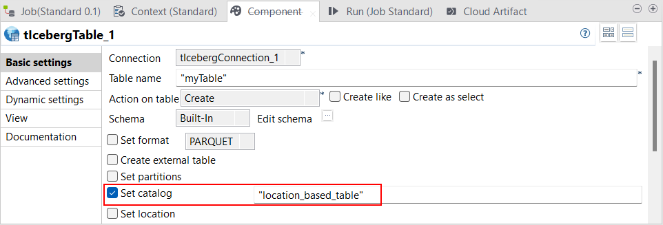 Ansicht Basic settings (Grundlegende Einstellungen) von tIcebergTable, mit ausgewählter Option Set catalog (Katalog festlegen).