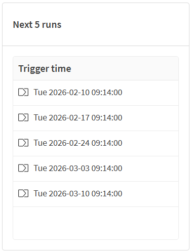 Next five runs (Nächste fünf Ausführungen).