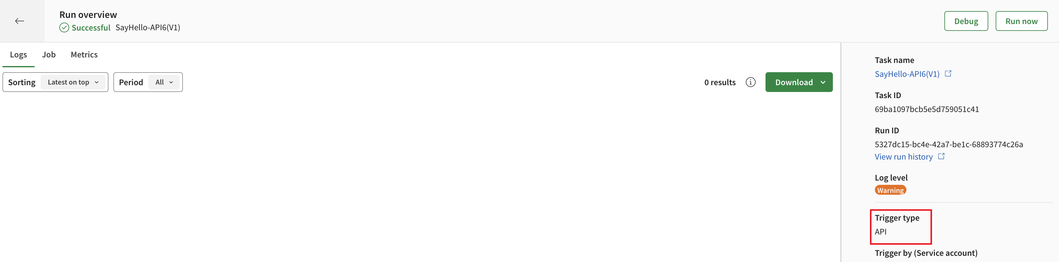 Feld „Trigger type (Trigger-Typ)“ auf der Seite „Run overview (Ausführungsübersicht)“.