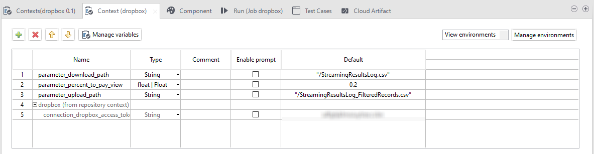 Screenshot der Kontextparameter und deren Werte in der Ansicht Context (Kontext)