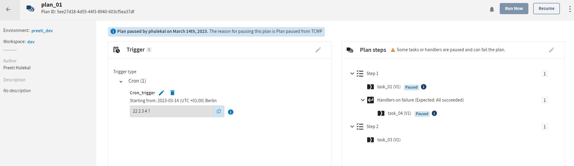 Migrierter Plan in Talend Management Console mit der Meldung "Run paused by user on March 14th, 2023. The reason for pausing this plan is Plan paused from TCMP" (Ausführung durch Benutzer am 14. März 2023 angehalten. Der Grund für das Pausieren dieses Plans war Pausieren des Plans von TCMP)