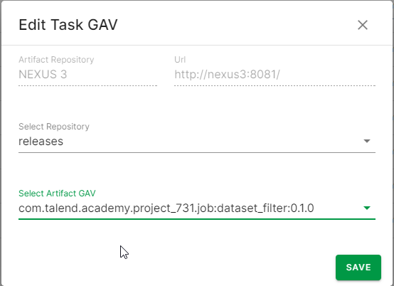 Seite „Edit Task GAV (Task-GAV bearbeiten)“ mit ausgefüllten Feldern für Repository und Artefakt-GAV