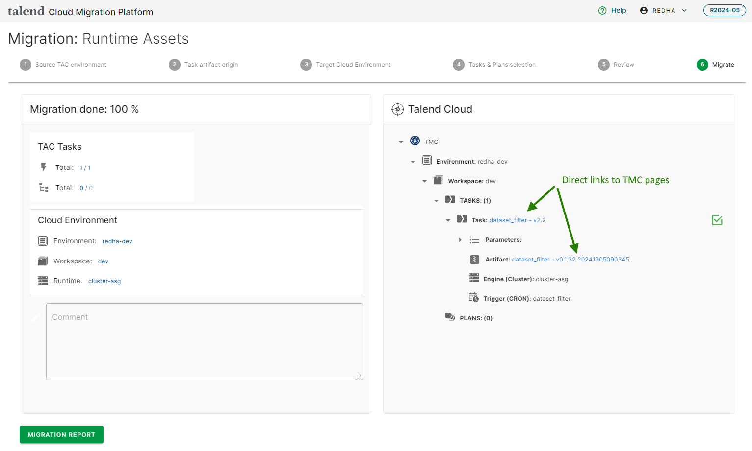 Schritt „Migrate (Migrieren)“ mit hervorgehobenen direkten Links zur TMC-Seite des Plans