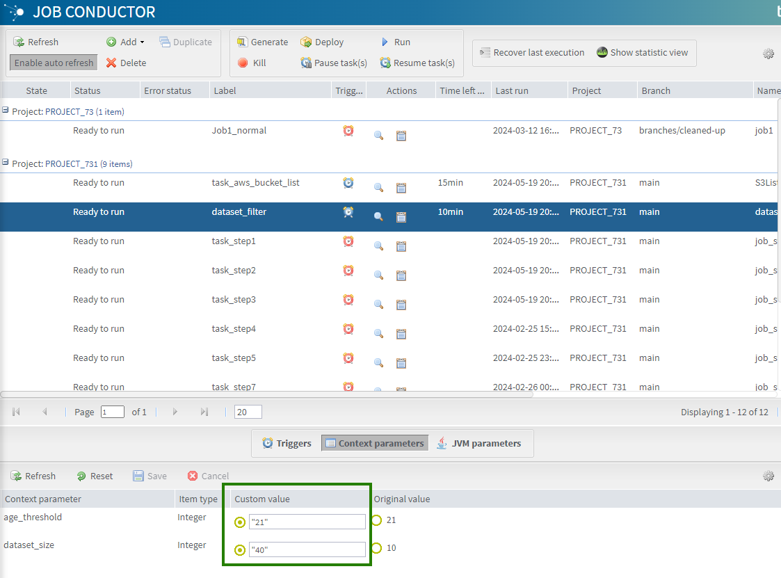 Seite „Talend Administration Center“ mit hervorgehobener Spalte „Custom value (Benutzerdefinierter Wert)“