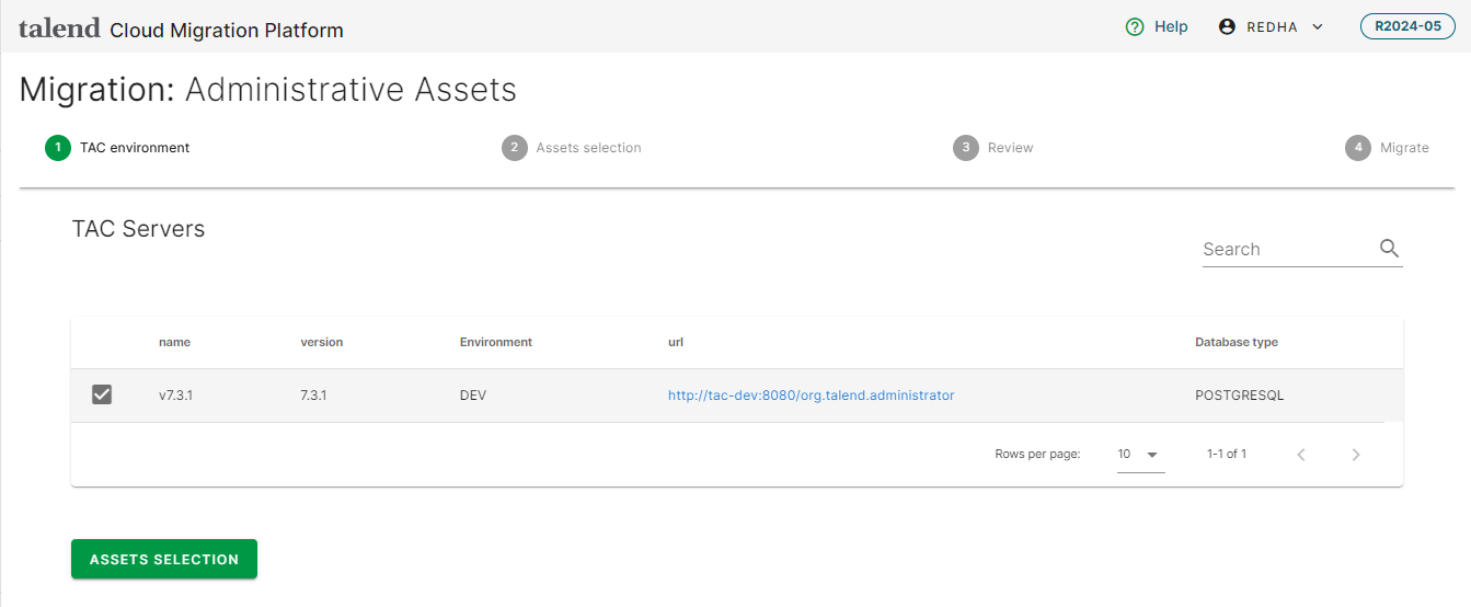 Seite „Migration: Administrative Assets (Migration: Administrative Objekte)“ mit einem ausgewählten TAC-Server