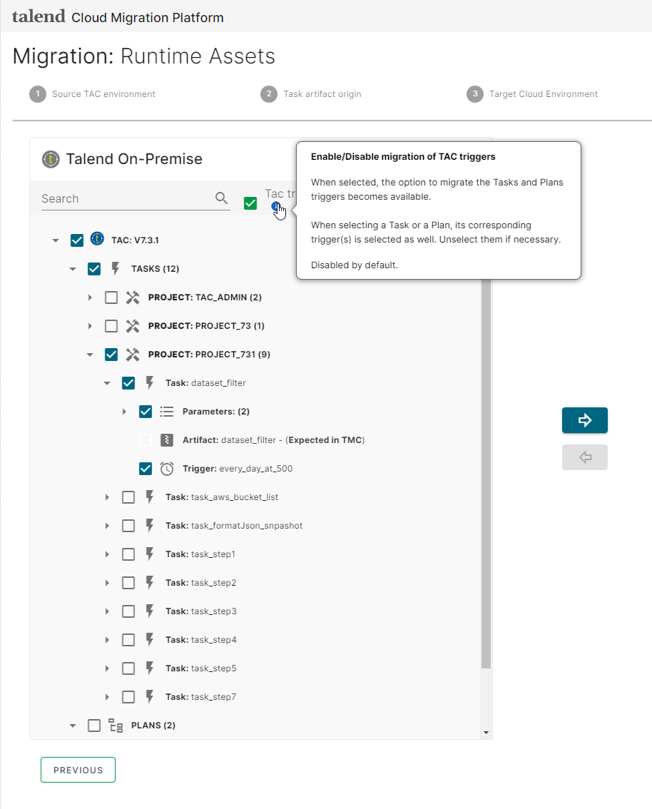 Schritt „Select the tasks and plans (Tasks und Pläne auswählen)“ mit aktivierter TAC-Trigger-Option