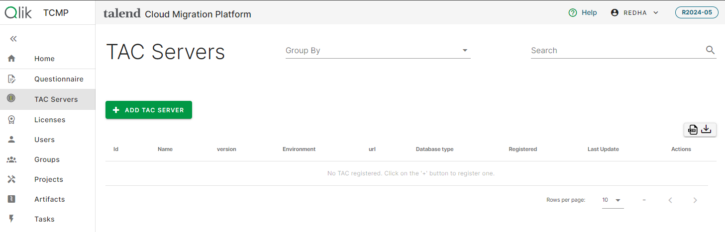 Server-Registerkarte von Talend Administration Center mit dem Seitenleistensymbol