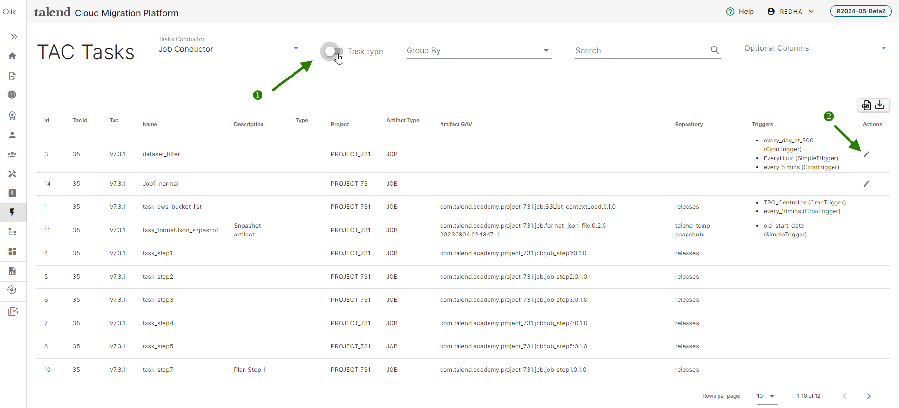 Tasks-Seite für Talend Administration Center Job Conductor mit hervorgehobener Option „Task type (Task-Typ)“ und hervorgehobenem Stift-Symbol