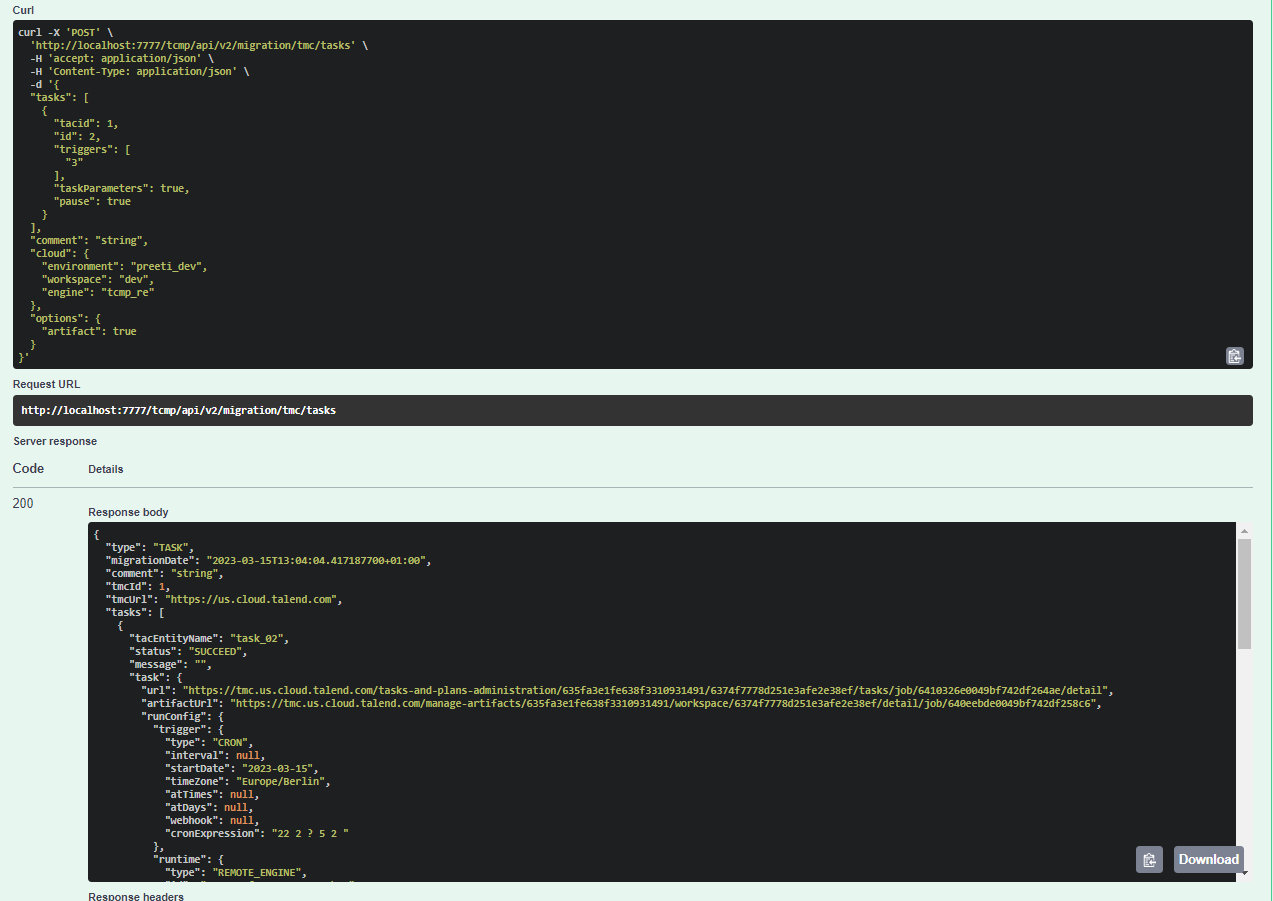 Beispiel eines Antwort-Body zum Erhalten von Details einer migrierten Task