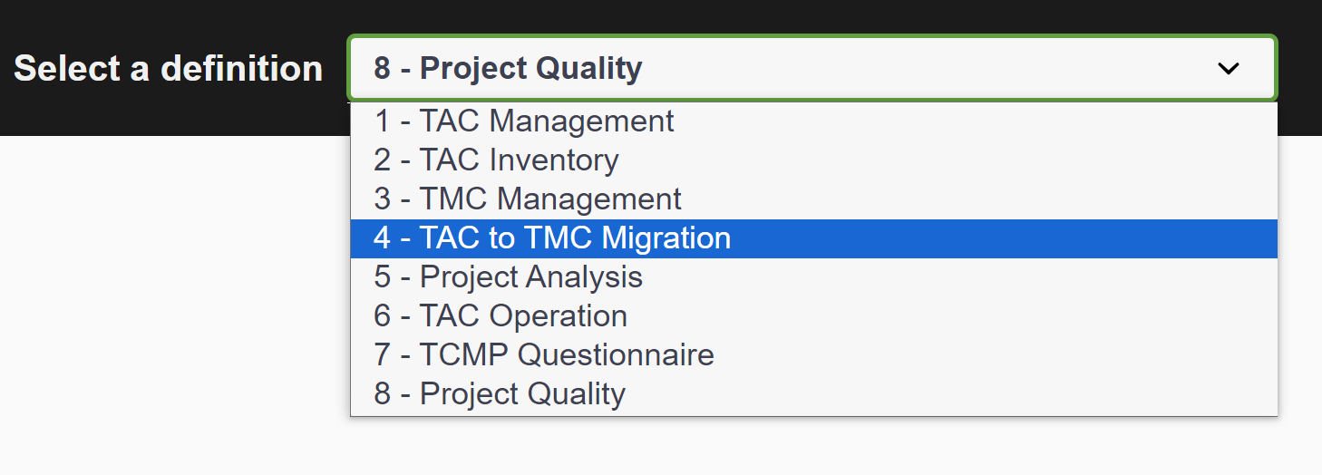 Abschnitt „TAC to TMC (TAC zu TMC)“ in der Definitionsliste.