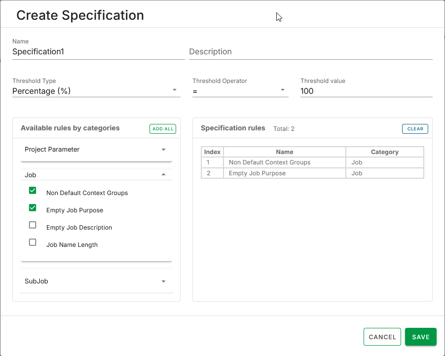 Fenster „Specification (Spezifikation)“ mit dem Fensterbereich „Rules by Categories (Regeln nach Kategorien)“.