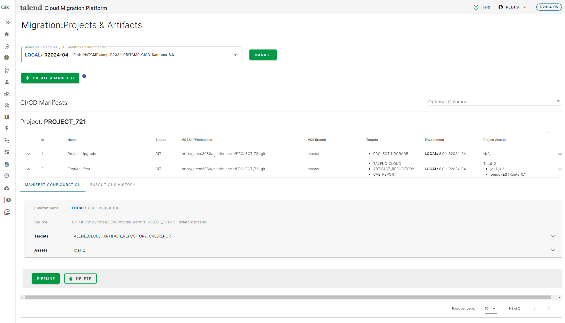 Liste der Projektmanifeste auf der Talend Cloud Migration Platform