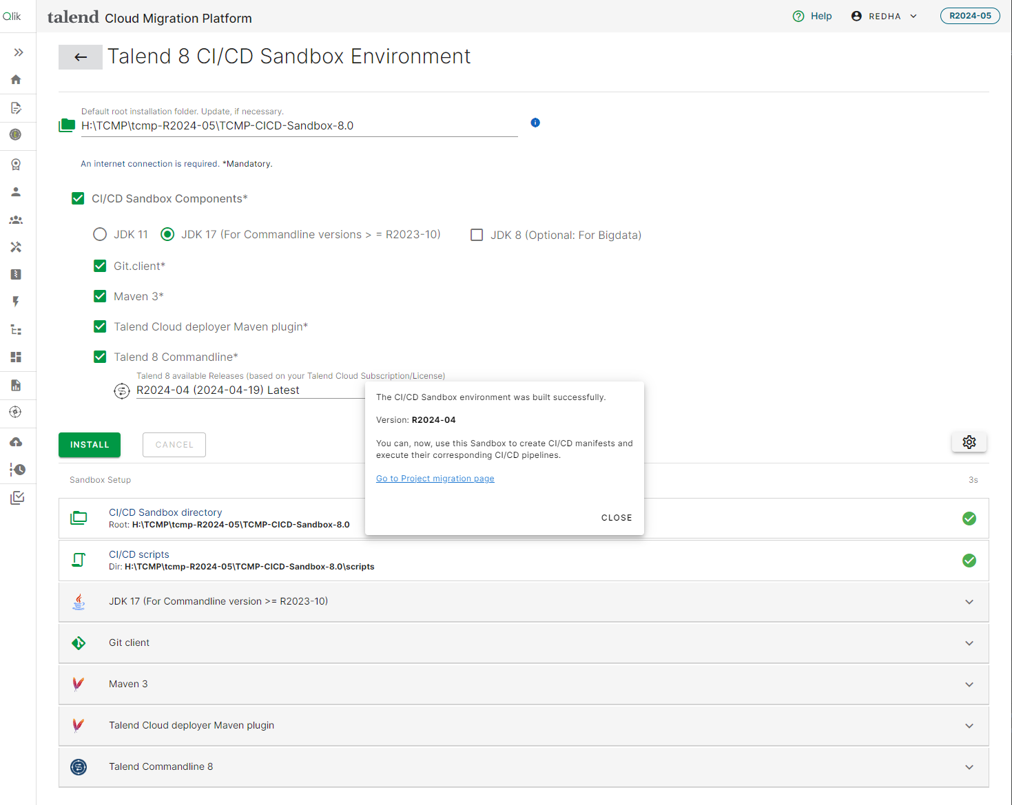 Seite der Talend 8 CI/CD-Sandkasten-Umgebung mit hervorgehobener Schaltfläche „Install (Installieren)“ und einer Nachricht, die angibt, dass die CI/CD-Sandkasten-Umgebung erfolgreich erstellt wurde