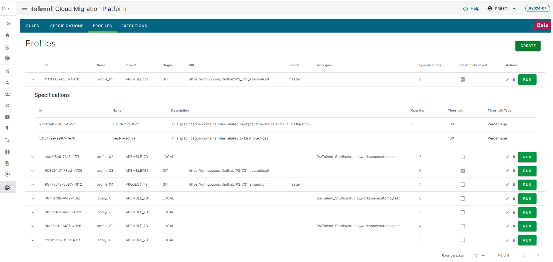 Seite „Profiles (Profile)“ mit erweiterter Liste der Profile.