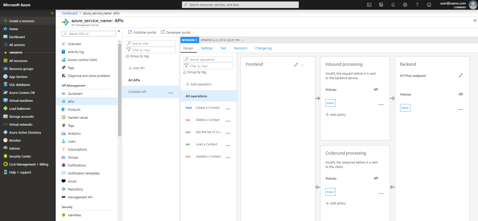 The API definition in the Azure portal.