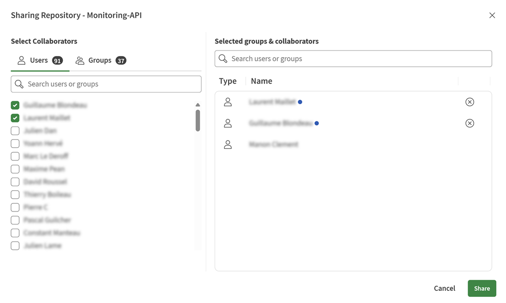 Sharing repository dialog box.