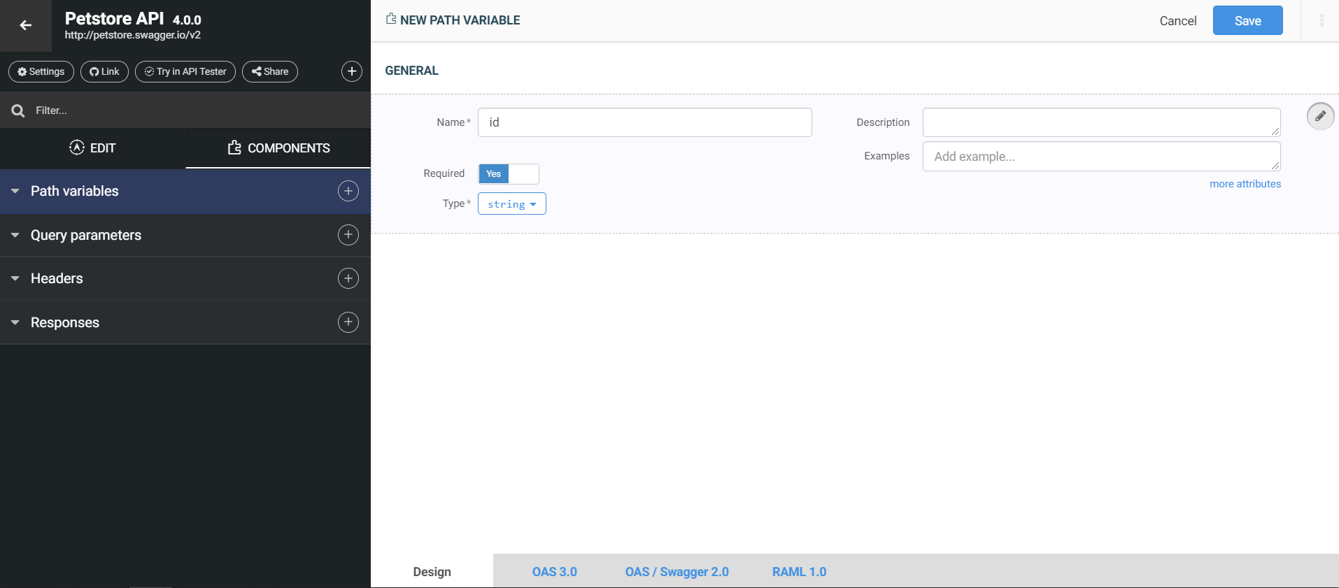 Example of creating a component called id with the type string.