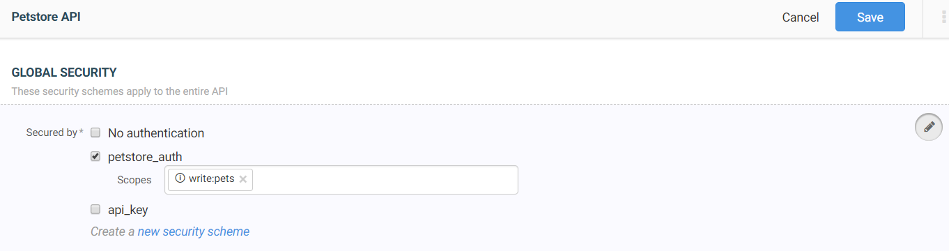 In this example, the Petstore API is secured by petstore_auth with the scope write:pets.