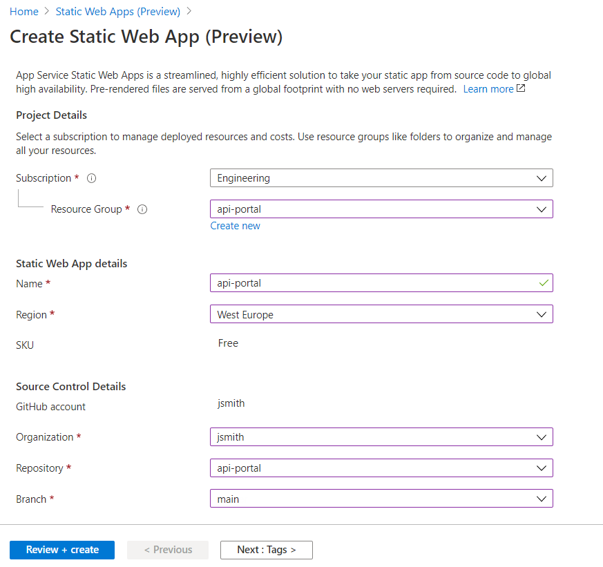 In this example the organization is jsmith, the repository is api-portal, and the branch is main.