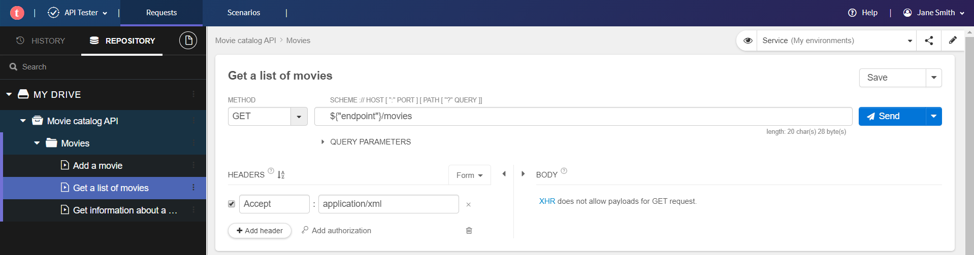 Example of configuring the base URL of a request to ${"endpoint"}/movies.