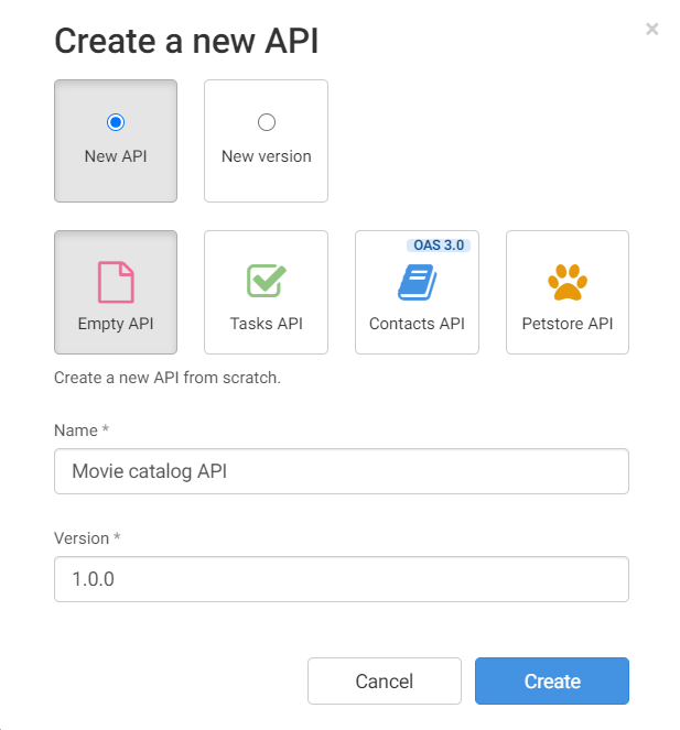 Create a new API dialog box.