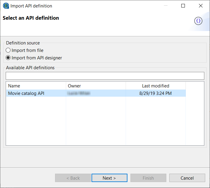 Import API definition dialog box.