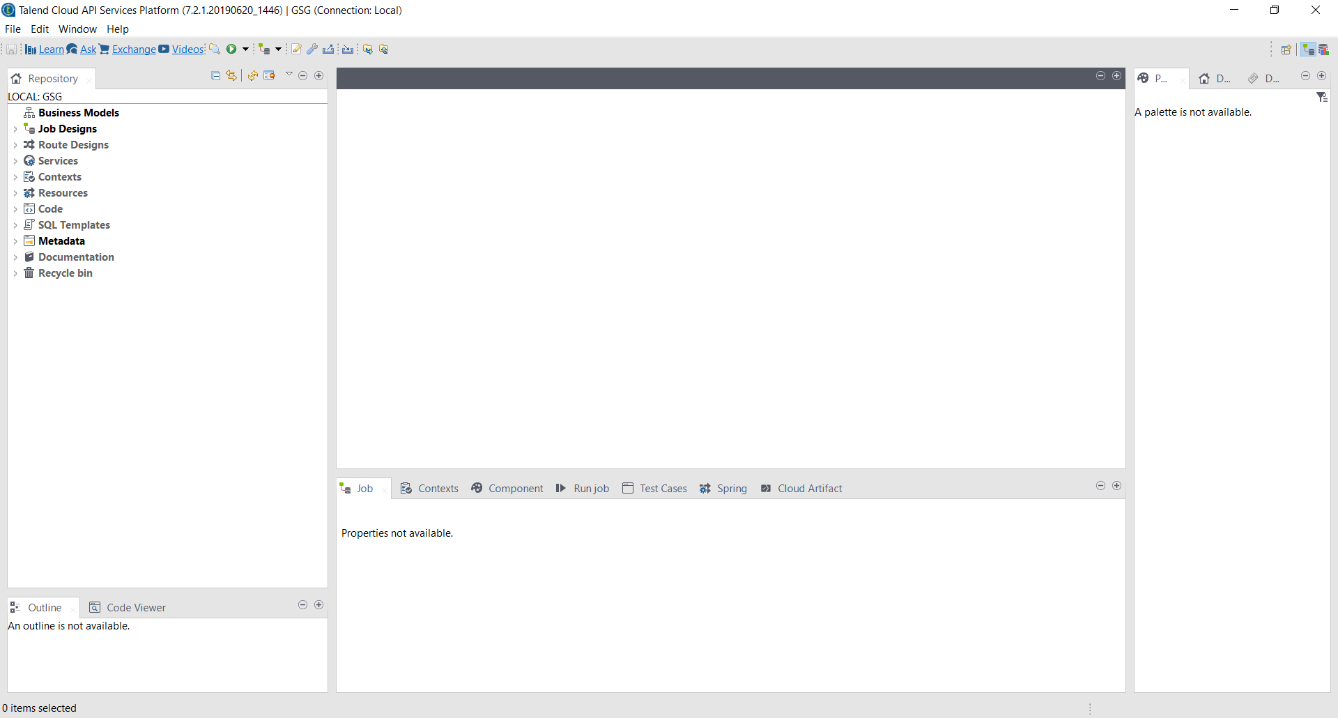 Talend Studio interface with the Integration perspective open.