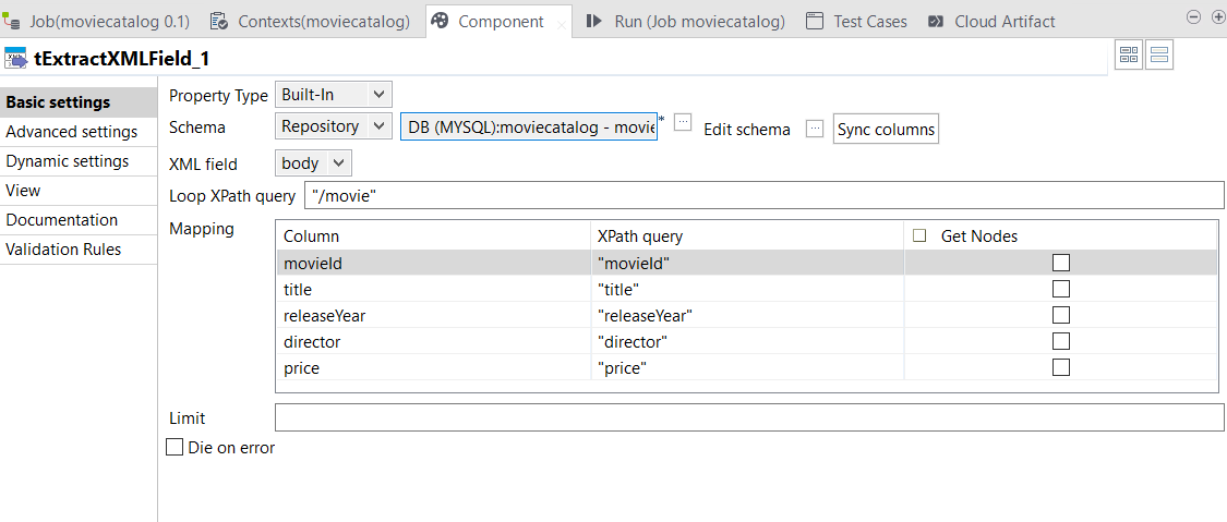 Basic settings view of the component.