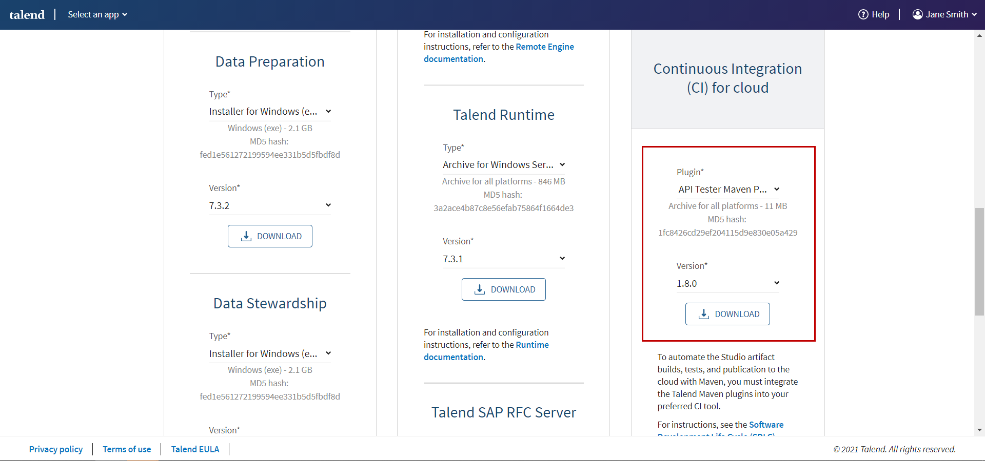 The Downloads page with the Continuous Integration for Cloud installation files.