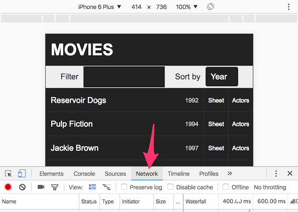 The browser's developer tools is opened and the Network tab is highlighted.