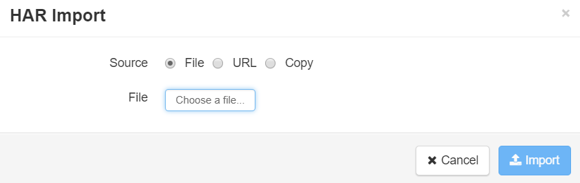 HAR Import dialog box.
